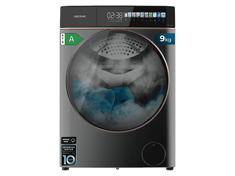 Lavadora carga frontal - Cecotec Bolero DressCode 9900 Inverter FullColor, 9 kg, 1400 rpm, Motor Inverter Plus, Pantalla, SteamMax, OnSmart, Gris