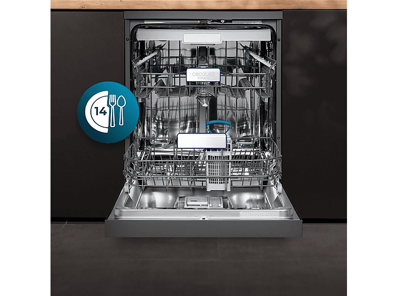 Lavavajillas - Cecotec Bolero Aguazero 6800 Dark, 14 cubiertos, Clase A, Inverter Plus Duo, 8 programas, SteamMax, BlueWater, O2 Dry, Negro