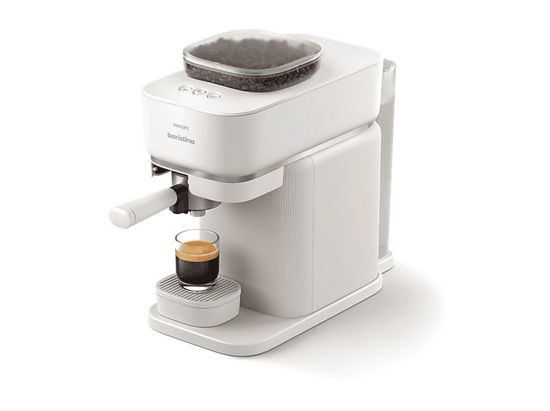 Cafetera express - Philips Baristina BAR300/00, Molinillo cerámico, 16 bares, Café en grano, 4 programas, 1550 W, 1,2L, 30s, IA, 72 dB, 3 años, Blanco