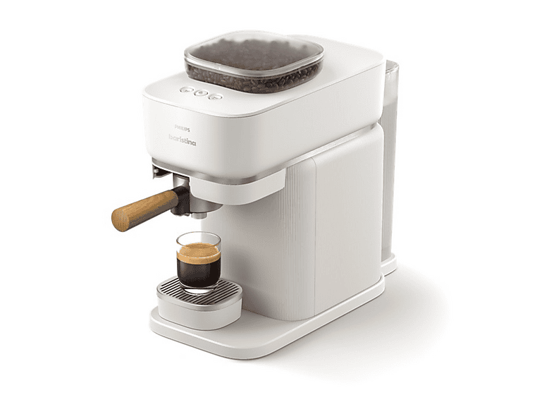 Cafetera express - Philips Baristina BAR302/20, De grano, Molinillo cerámico, 16 bares, Depósito 1,2L, Blanca con portafiltro madera, Espresso en 60 s