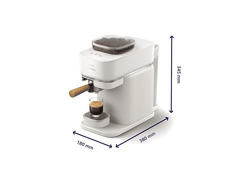 Cafetera express - Philips Baristina BAR302/20, De grano, Molinillo cerámico, 16 bares, Depósito 1,2L, Blanca con portafiltro madera, Espresso en 60 s