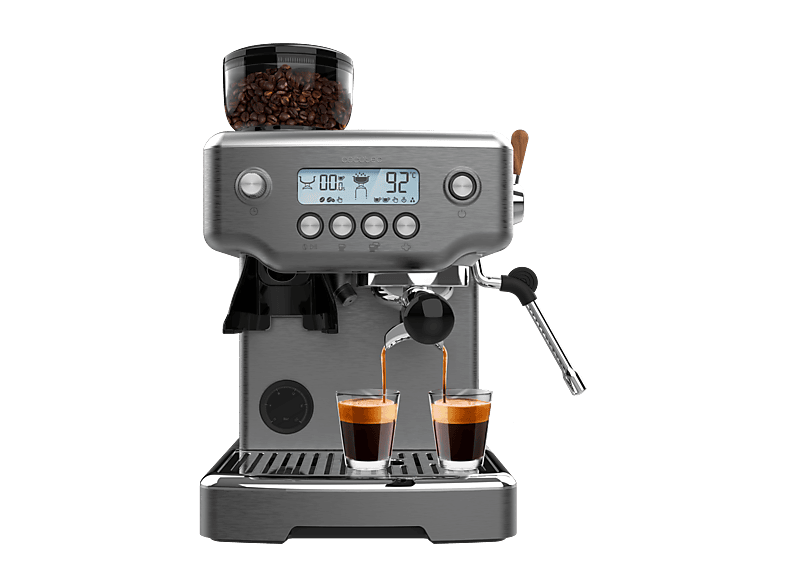 Cafetera express - Cecotec Power Espresso 20 Barista Steel & Grind, 20 Bares, Molinillo integrado, Vaporizador, Doble Thermoblock, 2200 W, Plata
