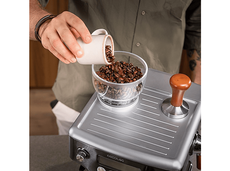 Cafetera express - Cecotec Power Espresso 20 Barista Steel & Grind, 20 Bares, Molinillo integrado, Vaporizador, Doble Thermoblock, 2200 W, Plata