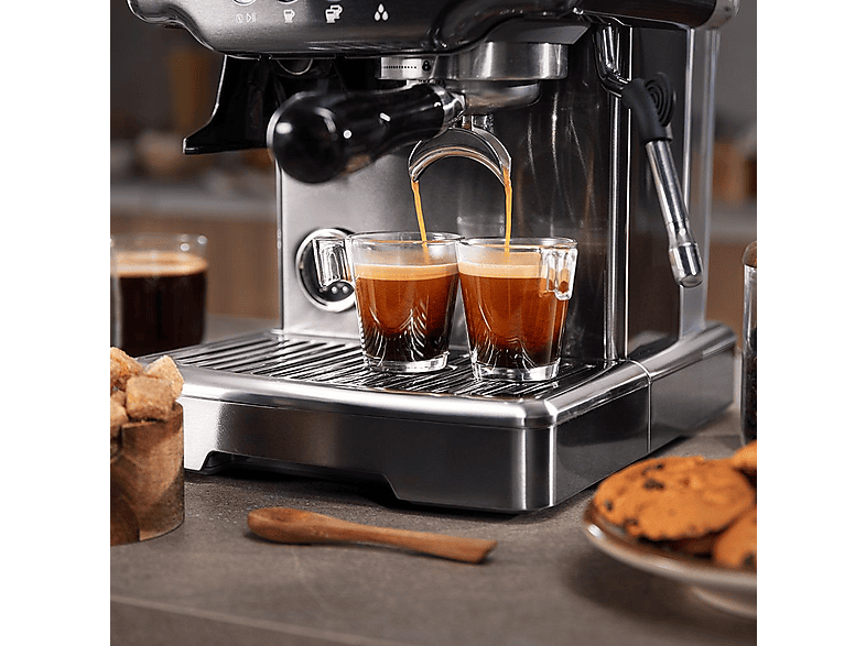 Cafetera express - Cecotec Power Espresso 20 Barista Steel & Grind, 20 Bares, Molinillo integrado, Vaporizador, Doble Thermoblock, 2200 W, Plata