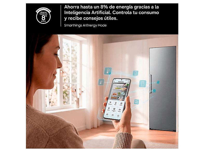 Frigorífico una puerta - Samsung RR70H39DCFEF, No frost, 185.8 cm, 382 l, Dispensador de agua sin toma, Wifi, Grafito