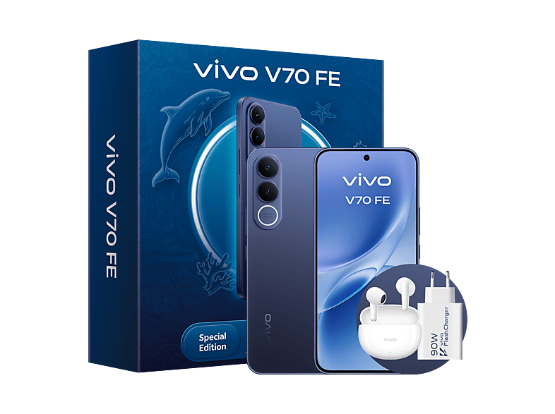 Móvil - Vivo Bundle V70 FE, Ocean Blue, 256GB, 8GB RAM, 6.83" AMOLED, Dimensity 7360-Turbo, 7000 mAh