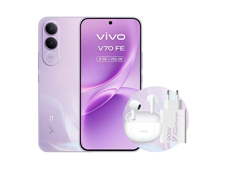 Móvil - Vivo Bundle V70 FE, Muse Purple, 256GB, 8GB RAM, 6.83" AMOLED, Dimensity 7360-Turbo, 7000 mAh
