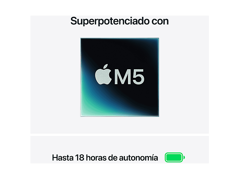Portátil - Apple MacBook Air (2026) 13.6" Retina, Chip M5 Apple, CPU de 10 núcleos, GPU de 10 núcleos, 16GB RAM, 1TB SSD, Plata, Sin cargador