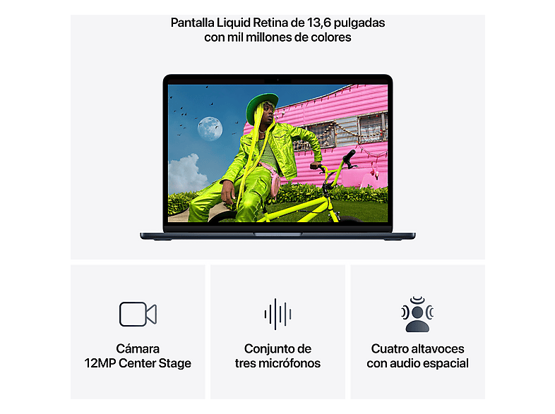 Portátil - Apple MacBook Air (2026) 13.6" Retina, Chip M5 Apple, CPU de 10 núcleos, GPU de 10 núcleos, 16GB RAM, 1TB SSD, Medianoche, Sin cargador