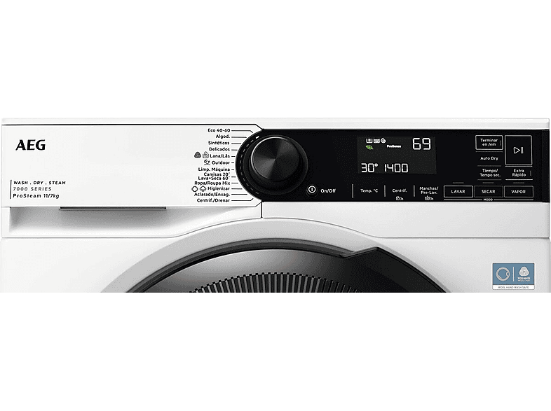 Lavadora secadora - AEG LWR7304L4W, 11 kg + 7 kg, 1400 rpm, 12 programas, Lavado y secado 20 min, Higiene con Vapor, Blanco