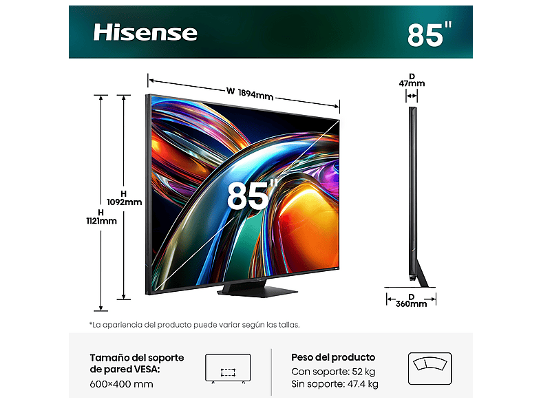 TV RGB Mini LED 85" - Hisense 85UR9S, UHD 4K, Quad Core / MT9655, Hi-View AI Engine RGB, Tuned by Devialet, Anti Reflejo, Negro