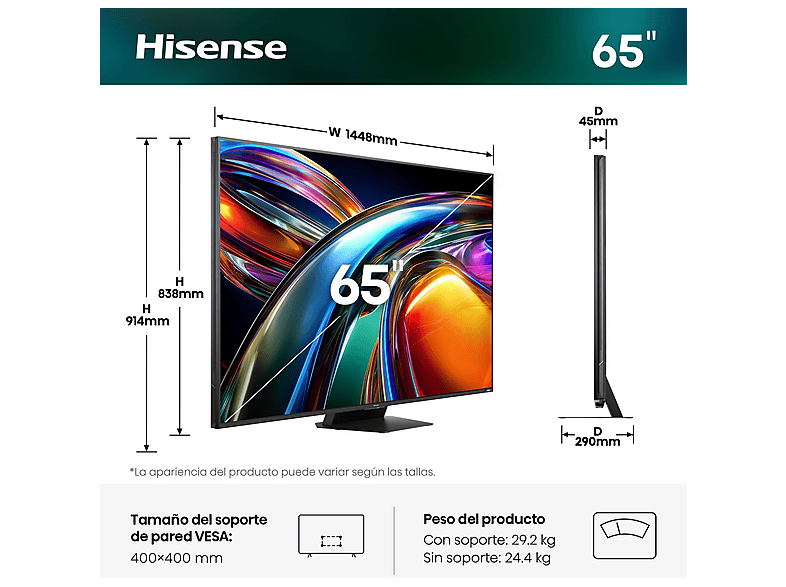 TV RGB Mini LED 65" - Hisense 65UR9S, UHD 4K, Quad Core / MT9655, Hi-View AI Engine RGB, Tuned by Devialet, Anti Reflejo, Negro