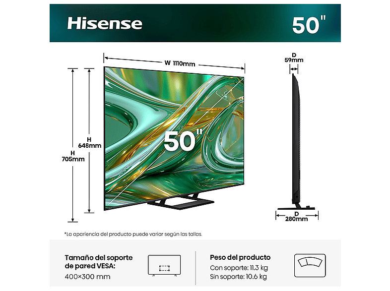 TV Mini LED 50" - Hisense 50E8S, UHD 4K, Quad Core / MT9618, Total HDR, Subwoofer integrado, IA 4K, Negro
