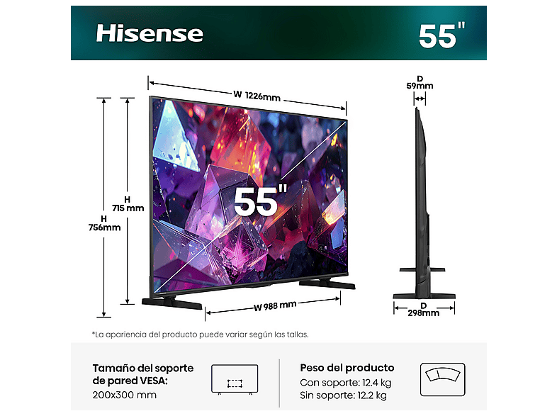 TV QLED 55" - Hisense 55E7S PRO, QLED 4K, 144Hz Nativos, Smooth Motion IA, HDR10+Gaming, Negro