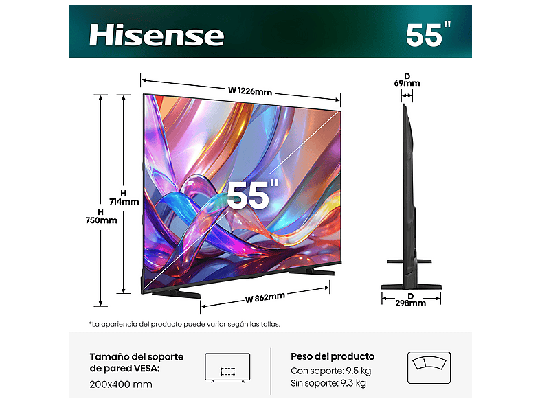 TV QLED 55" - Hisense 55E7S, QLED 4K, Escalador 4K IA, Modo Juego Plus, Dolby Visión IQ, Negro