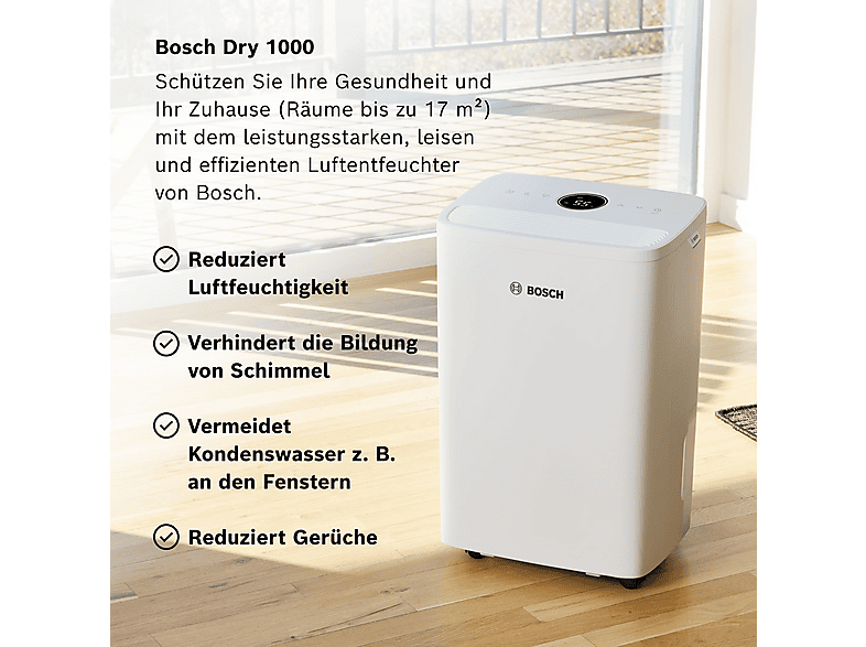 Deshumidificador - Bosch Dry 1000, 2,5 l, 17 m², Blanco
