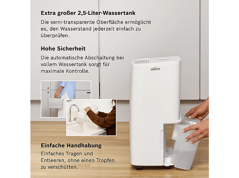 Deshumidificador - Bosch Dry 1000, 2,5 l, 17 m², Blanco