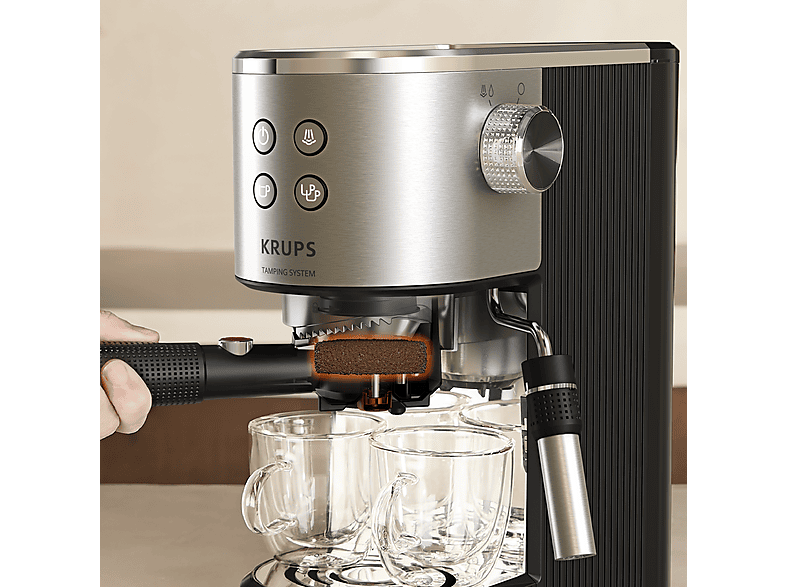 Cafetera express - Krups Virtuoso XP499E, Sitema de autoprensado, 15 bares, Panel frontal intuitivo, Barista, Thermoblock, Compacta, Inox