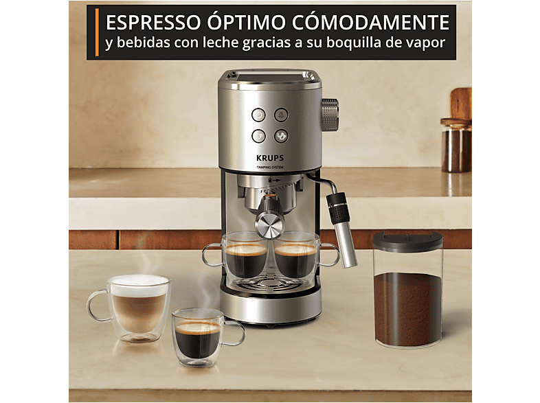 Cafetera express - Krups Virtuoso XP499E, Sitema de autoprensado, 15 bares, Panel frontal intuitivo, Barista, Thermoblock, Compacta, Inox