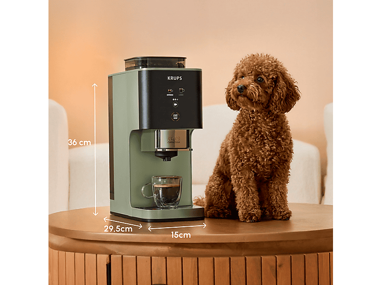 Cafetera superautomática - Krups Coffee Crush, Café en grano y molido, 15 bares, 2 recetas de café, Táctil, Compacta, 3 niveles de molienda, Verde