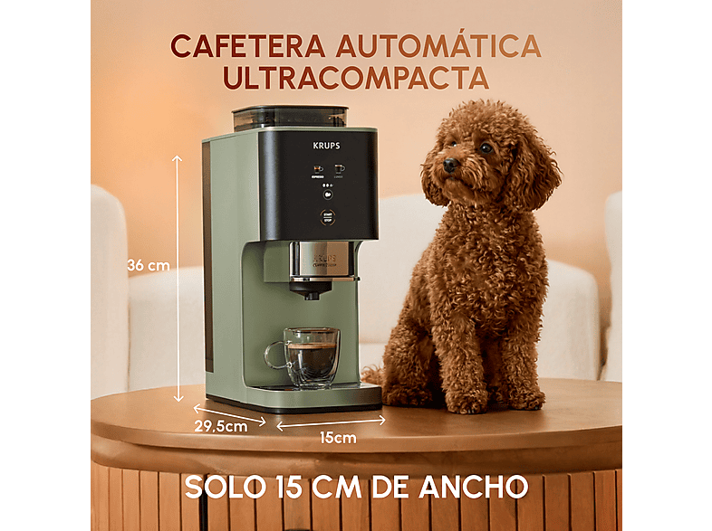 Cafetera superautomática - Krups Coffee Crush, Café en grano y molido, 15 bares, 2 recetas de café, Táctil, Compacta, 3 niveles de molienda, Verde