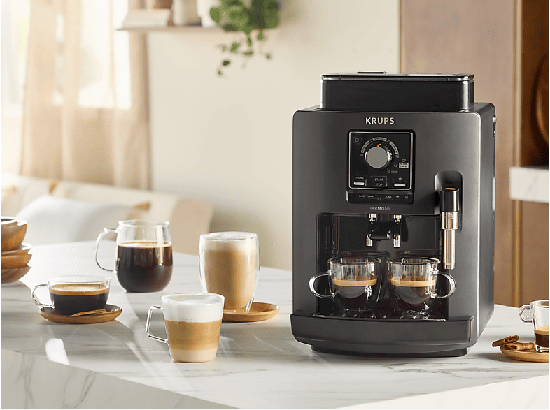 Cafetera superautomática - Krups Intensity EA50K9, 4 bebidas, Espumador de leche manual, Granos de cafe, 15 bares, 1.7l, 2 Tazas, Compacta, negro