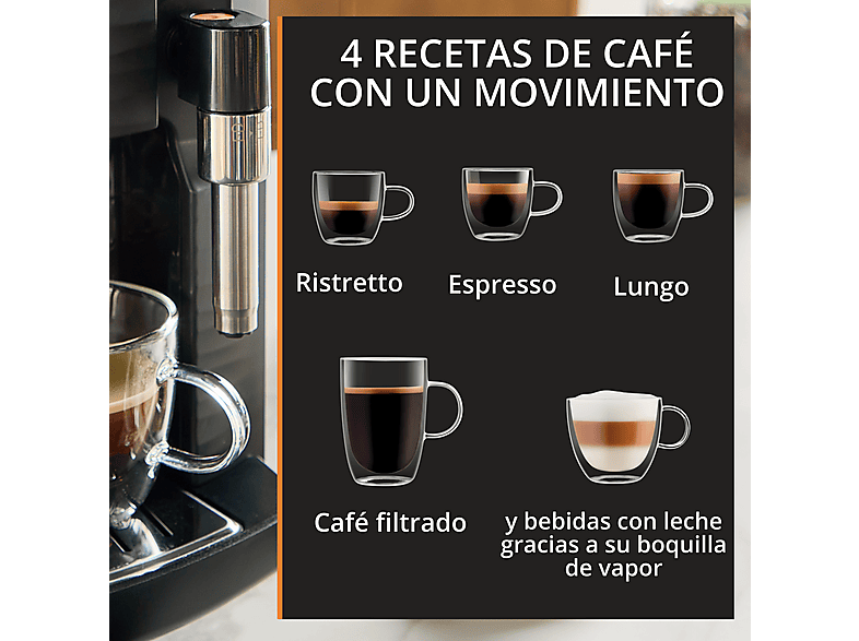Cafetera superautomática - Krups Intensity EA50K9, 4 bebidas, Espumador de leche manual, Granos de cafe, 15 bares, 1.7l, 2 Tazas, Compacta, negro