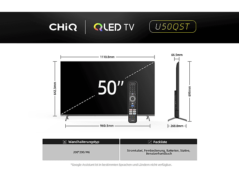 TV QLED 50" - Chiq U50QST, UHD 4K, Smart TV, DVB-T2 (H.265), Negro