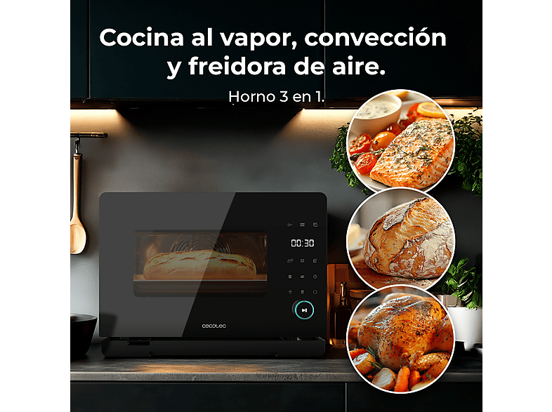 Horno de vapor - Cecotec Bake&Steam 4000 Combi Gyro Advance, 3 en 1, 40 L, 2400 W, Freidora de aire, Convección, 8 funciones, Rustidor, Negro