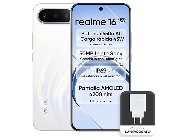 Móvil - Realme 16, Blanco, 256GB, 8GB RAM, 6.57" FHD FOLED, D6400 Turbo, 6550mAh