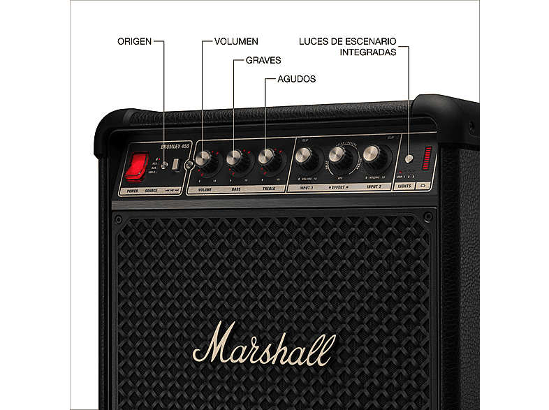 Altavoz bluetooth - Marshall Bromley 450, Con batería, Autonomía 40h, 9600mAh, Para fiestas, Modo estéreo, Indicador LED, Resiste agua, Control táctil
