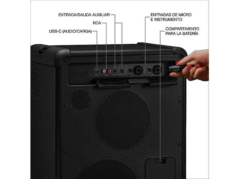 Altavoz bluetooth - Marshall Bromley 450, Con batería, Autonomía 40h, 9600mAh, Para fiestas, Modo estéreo, Indicador LED, Resiste agua, Control táctil