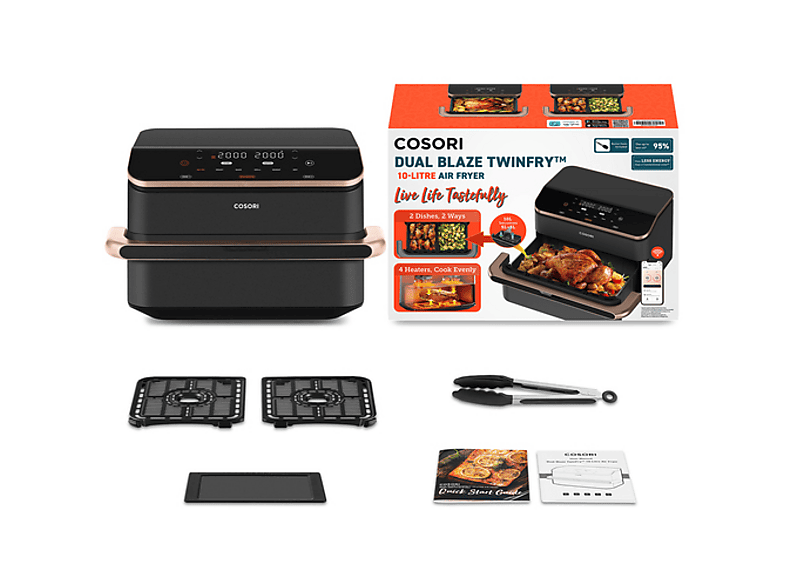 Freidora de aire - Cosori Dual Blaze Twinfry, 10 l, 2800 W, Doble cesta, Hasta 240 °C, Gris