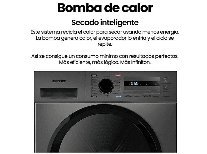 Secadora Bomba de Calor - Infiniton SD-A85IB, 8 kg, 14 programas, Dark Inox