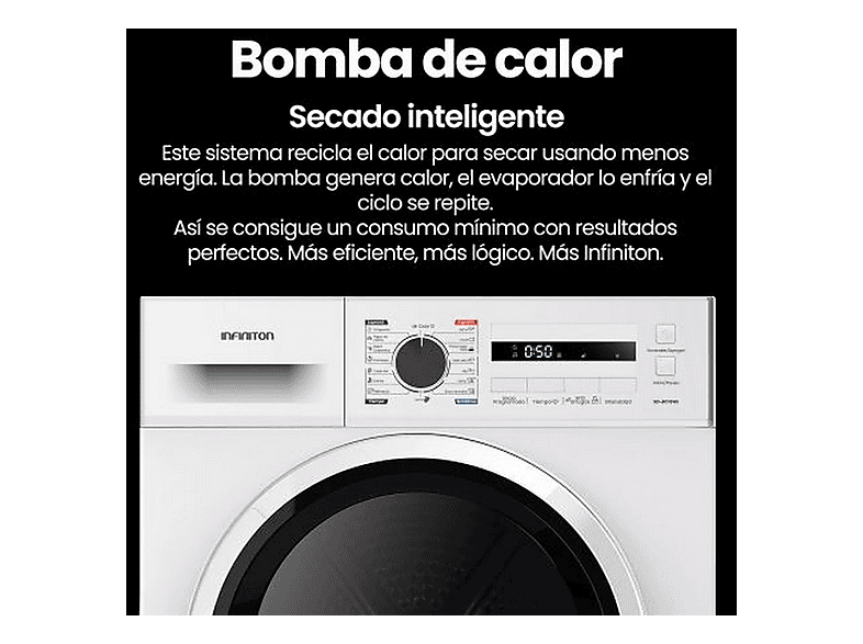 Secadora bomba de calor - Infiniton SD-BC7EWL, Bomba de calor, 7 kg, 16 programas, Blanco
