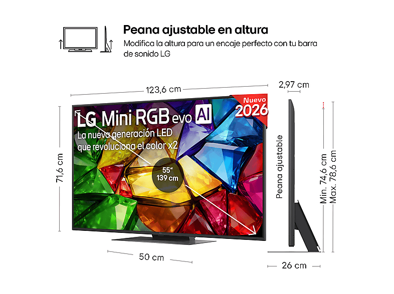 TV RGB Mini LED 55" - LG 55MRGB87B6B, UHD 4K, Procesador Inteligente α8 AI Processor 4K Gen3, Smart TV, DVB-T2 (H.265), Negro