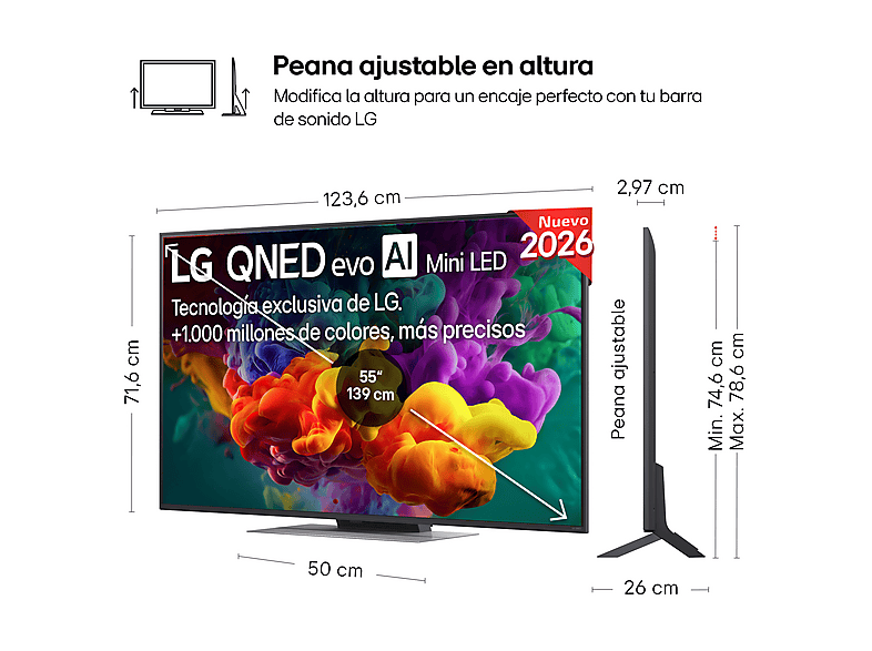 TV QNED Mini LED 55" - LG 55QNED86B6B, UHD 4K, Procesador Inteligente α8 AI Processor 4K Gen3, Smart TV, DVB-T2 (H.265), Negro