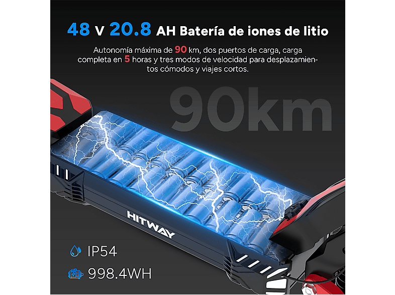 Patinete eléctrico - Hitway H10, Pot. máx. 1600 W, Carga máx. 120 kg, 20800,00 mAh