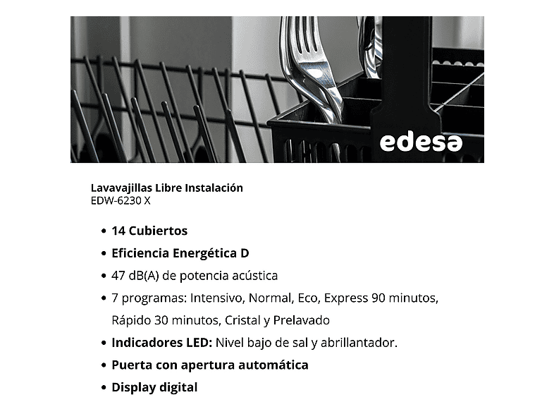 Lavavajillas libre instalación 60 cm - Edesa EDW-6230 X, 14 servicios, 7 programas, 59,8 cm, Acero inoxidable