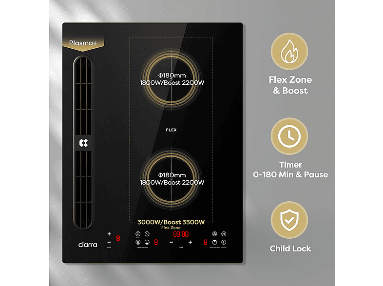 Placa de inducción - Ciarra CBBEH392BF, 2 zonas, 520 mm, negro