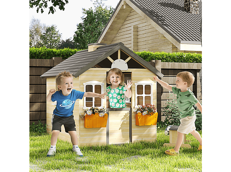 Casa de Juegos - Outsunny 345-024, a partir de 5 año(s), Madera Natural