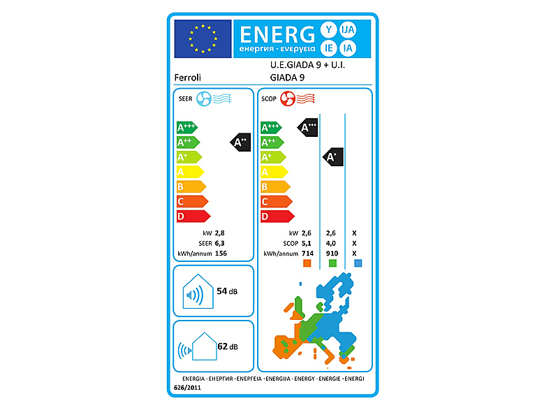 Aire acondicionado Split 1x1 - Ferroli Giada S9, Función Inverter, Blanco