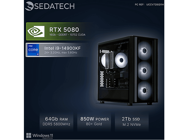 PC Gaming - Sedatech UCCV720I2I1HF, Intel i9-14900KF 24x 3.2Ghz (max 5.8Ghz), 64 GB RAM, 2000 GB SSD, GeForce RTX™ 5080, Windows 11 Home, Negro