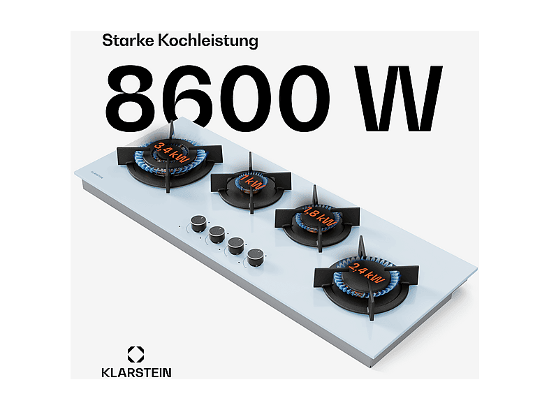 Placa de Gas - Klarstein Goldflame 4 Slim, 4 zonas, 90 cm, Blanco
