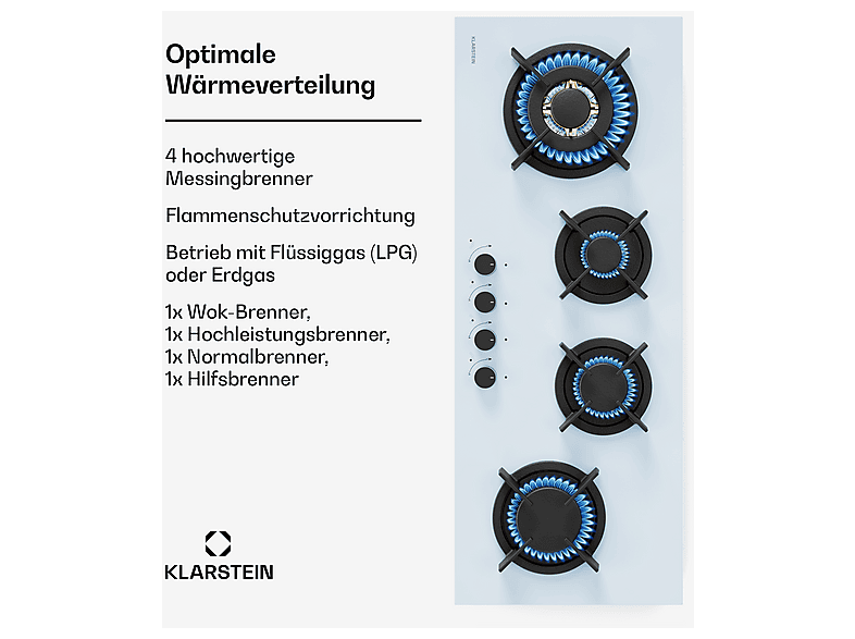 Placa de Gas - Klarstein Goldflame 4 Slim, 4 zonas, 90 cm, Blanco