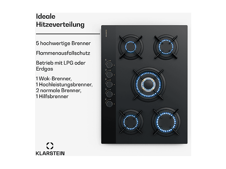 Placa de gas - Klarstein Goldflame Nano Matte, 5 zonas, 70 cm, Negro