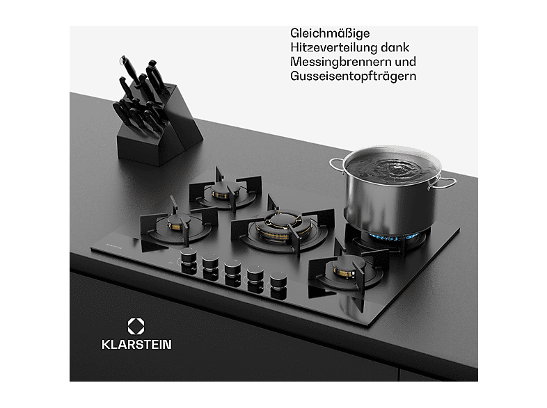 Placa de gas - Klarstein Goldflame Nano Matte, 5 zonas, 70 cm, Negro