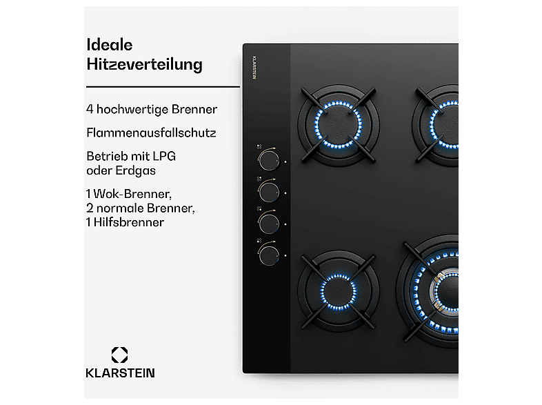 Placa de gas - Klarstein Goldflame Nano Matte, 4 zonas, 60 cm, Negro
