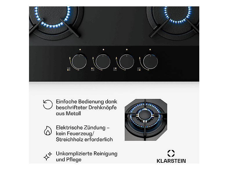 Placa de gas - Klarstein Goldflame Nano Matte, 4 zonas, 60 cm, Negro