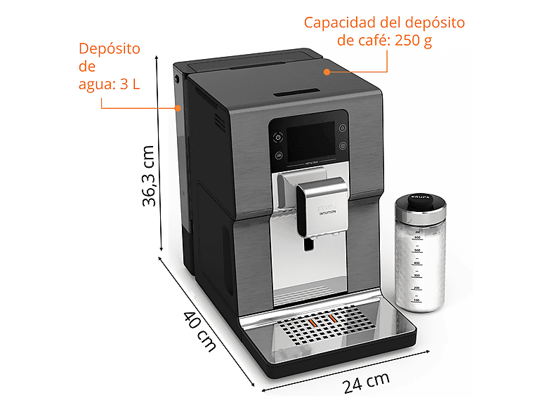 Cafetera superautomática - Krups Intuition Experience Hot&Cold, Pantalla táctil, 36 Recetas, Jarra de leche, Titanio, 15 bar, 2 tazas, Negro